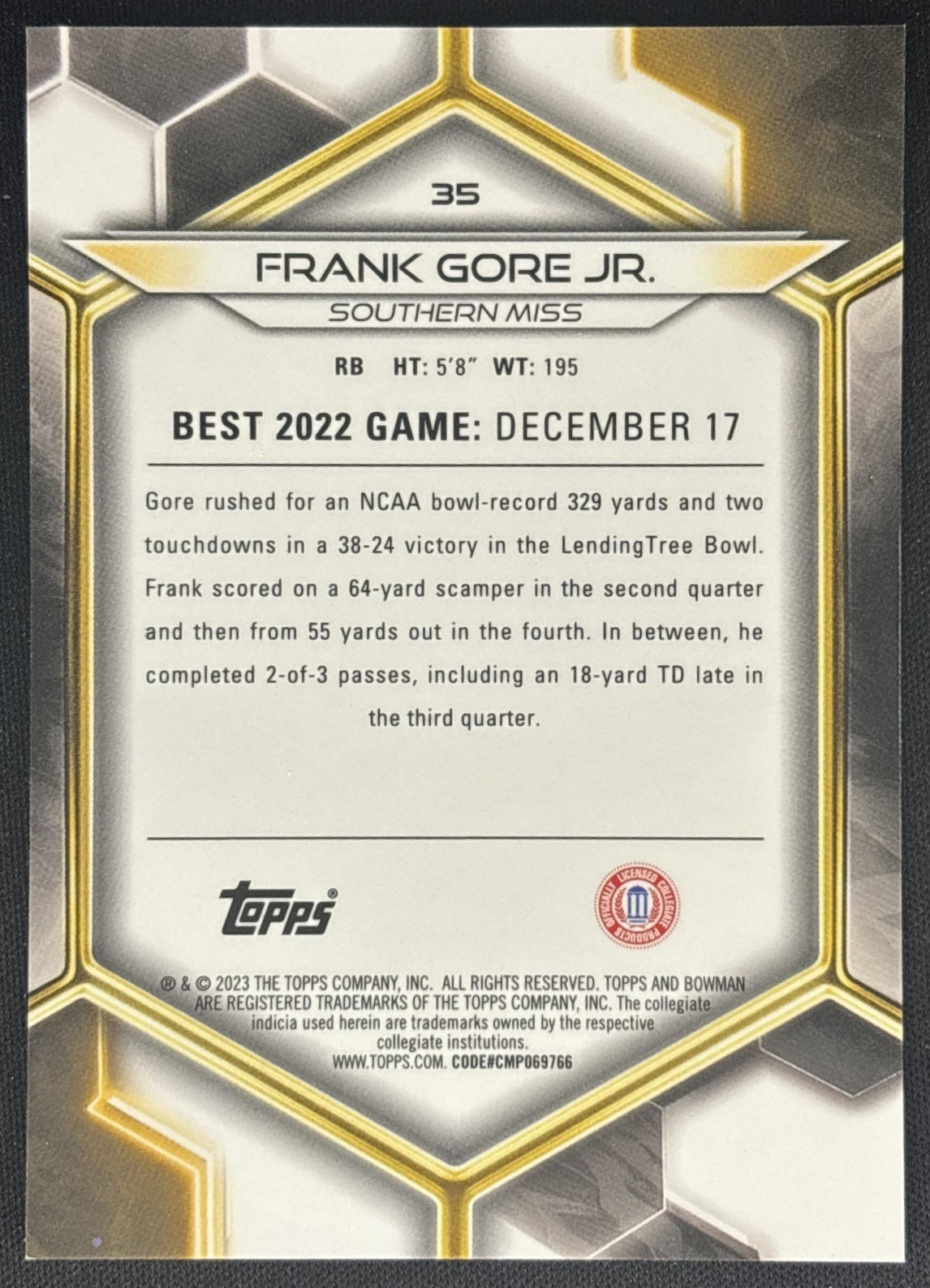 Frank Gore Jr. 2023 Bowman University Best Orange Refractor /25 back