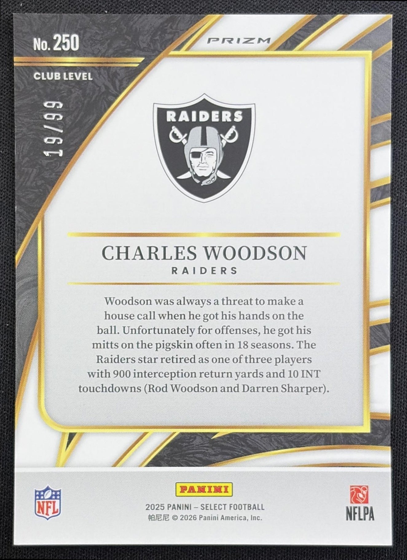 Charles Woodson 2025 Panini Select Club Level Blue Prizm /99 Raiders Oakland Raiders back