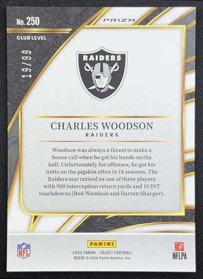 Charles Woodson 2025 Panini Select Club Level Blue Prizm /99 Raiders Oakland Raiders back