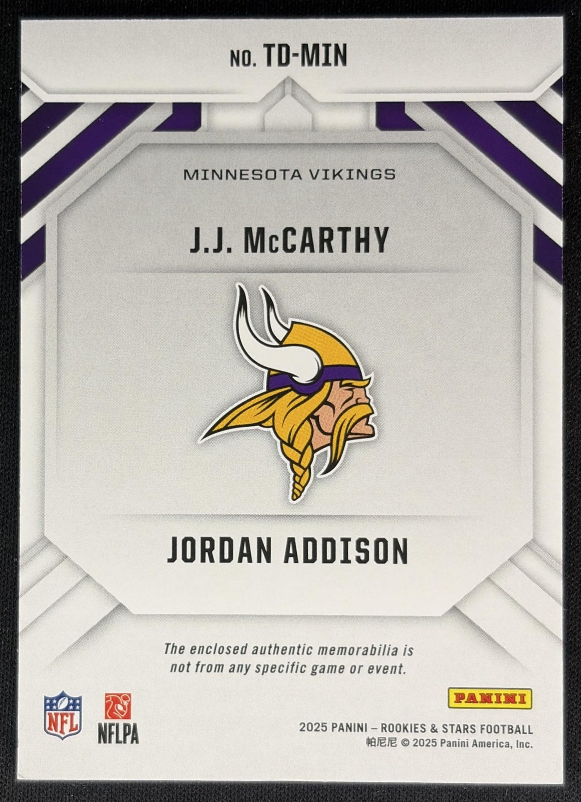 J.J. McCarthy Jordan Addison 2025 Panini Rookies & Stars Team Duals Vikings Back