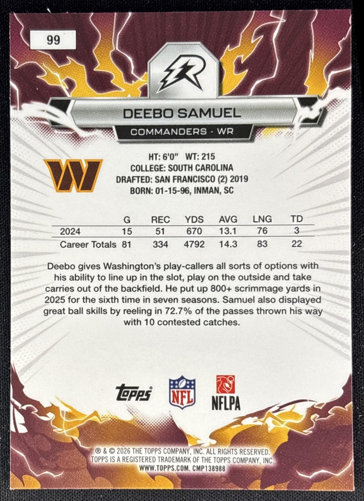 Deebo Samuel 2025 Topps Resurgence Commanders Washington Commanders back
