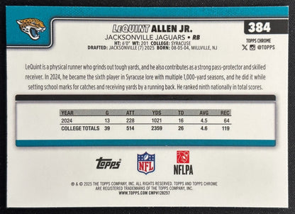 LeQuint Allen Jr. 2025 Topps Chrome Rookie Pulsar Refractor Jaguars Sports Trading Cards