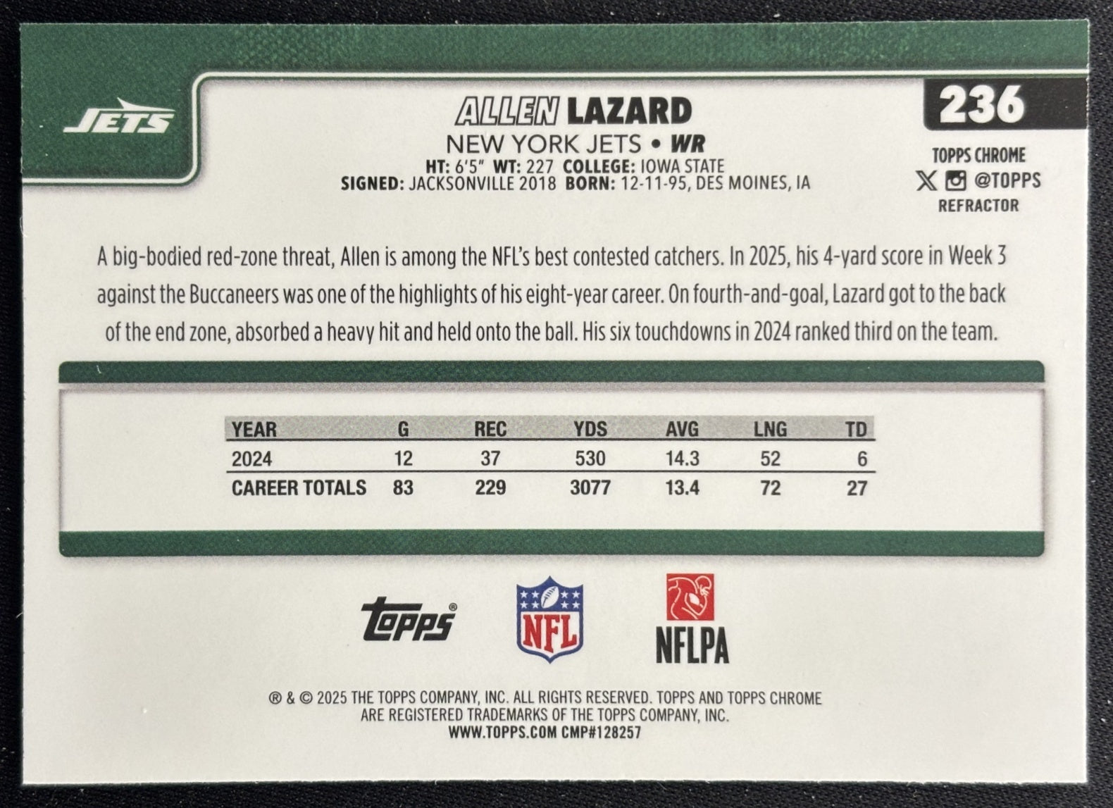Allen Lazard 2025 Topps Chrome Refractor Jets Sports Trading Cards