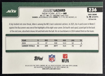 Allen Lazard 2025 Topps Chrome Refractor Jets Sports Trading Cards