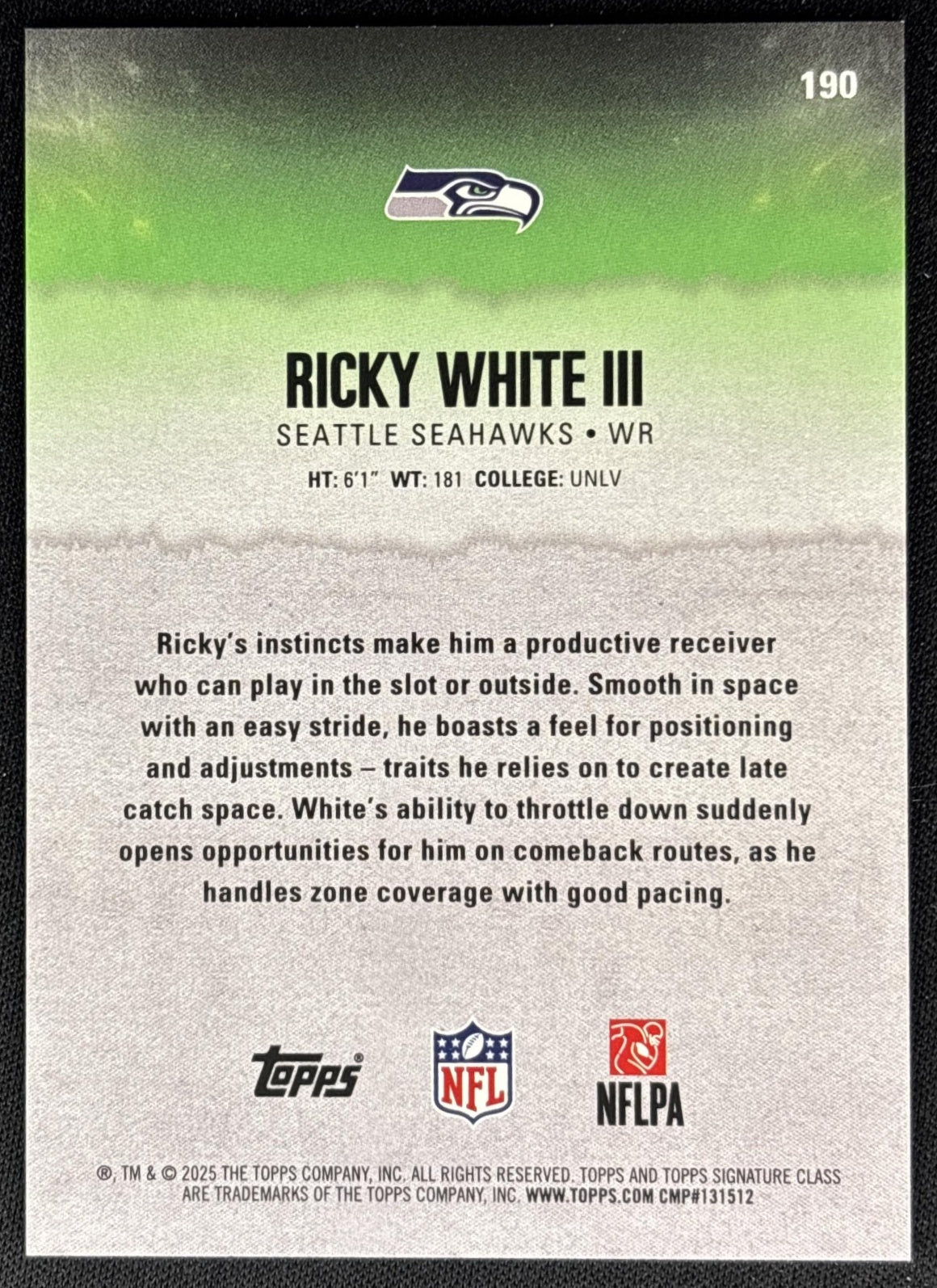 Ricky White III 2025 Topps Signature Class Rookie Orange Lava Foil /50 Seahawks back