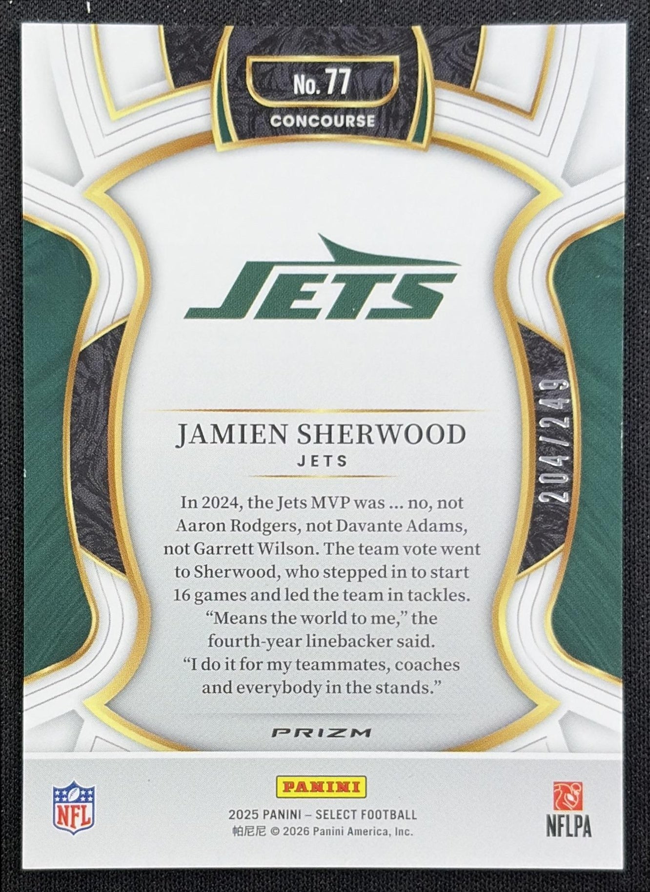 Jamien Sherwood 2025 Panini Select Concourse Blue Prizm /249 Jets back