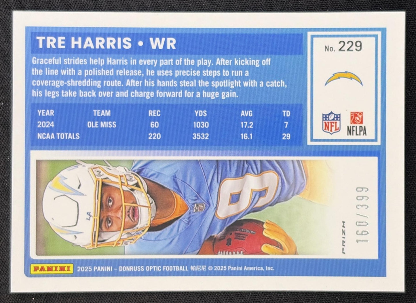 Tre Harris 2025 Panini Donruss Optic Rated Rookie Neon Blue Prizm /399 Chargers Los Angeles Chargers