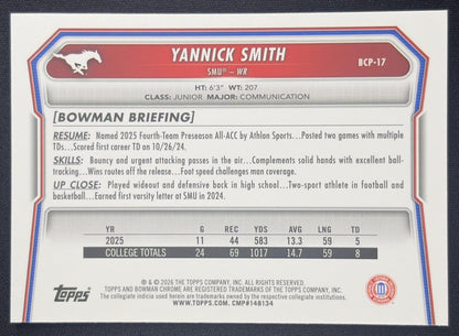 Yannick Smith 2026 Bowman Chrome Prospects Speckle Refractor Mustangs Sports Trading Card
