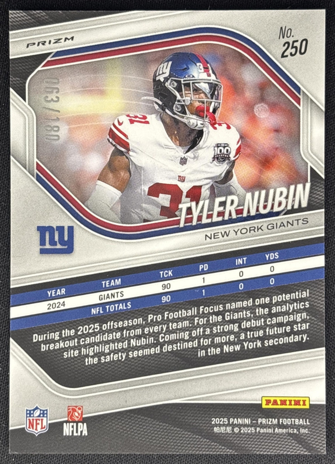 Tyler Nubin 2025 Panini Prizm Pigskin /180 Giants back