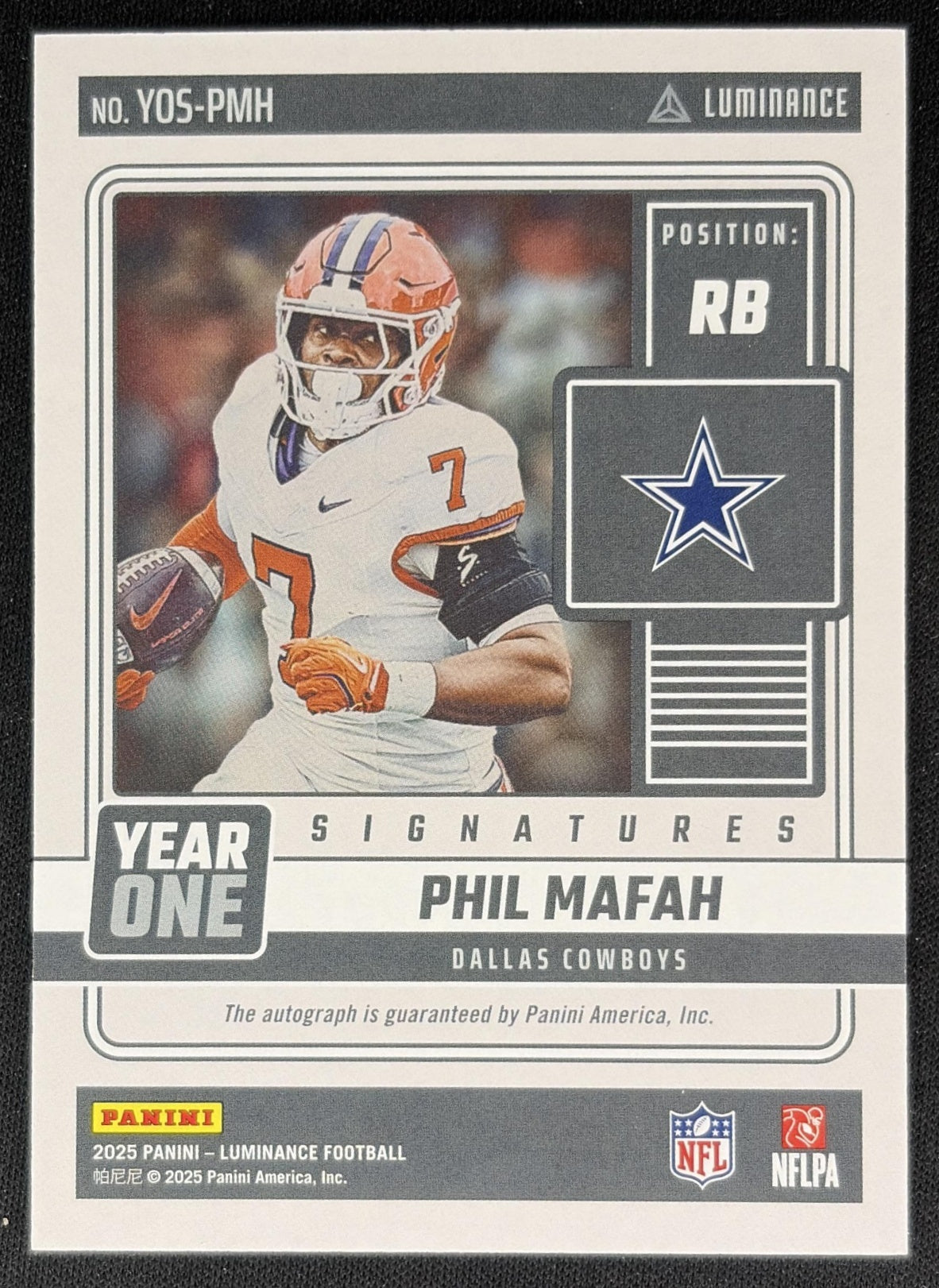 Phil Mafah 2025 Panini Luminance Year One Auto Cowboys back