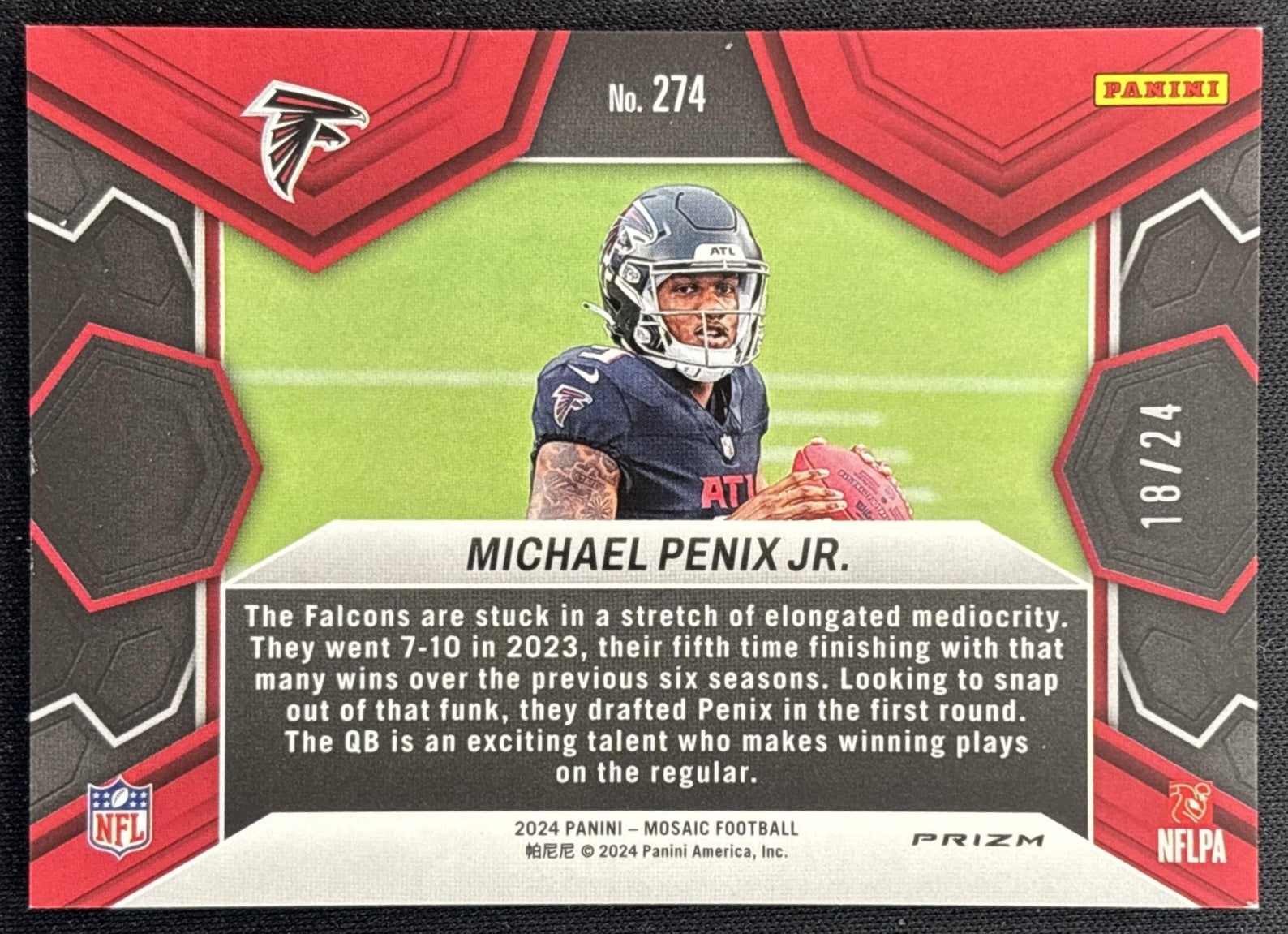 Michael Penix Jr. 2024 Panini Mosaic Gold Sparkle Prizm /24 Falcons back