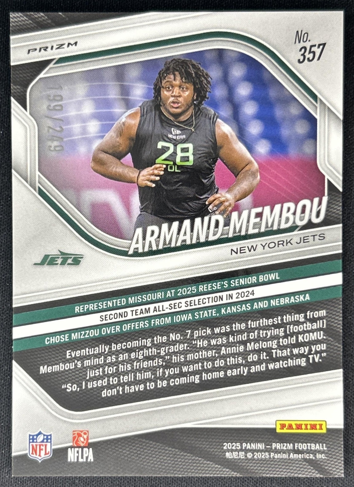 Armand Membou 2025 Panini Prizm Orange /249 Jets Back