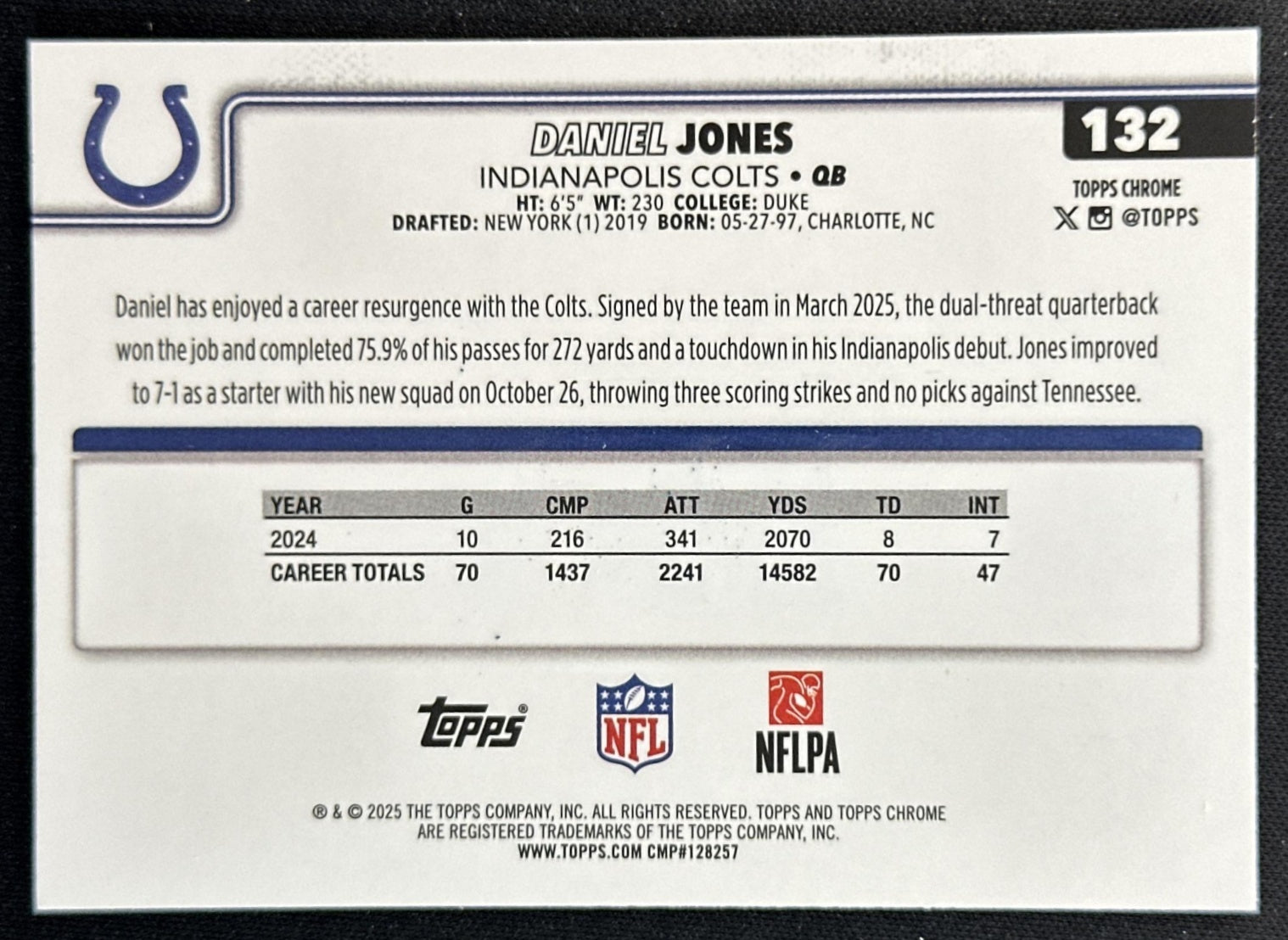 Daniel Jones 2025 Topps Chrome Pink Refractor /250 Colts