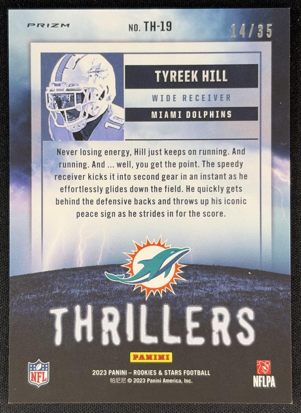 Tyreek Hill 2023 Panini Rookies & Stars Thrillers Purple /35 Dolphins back