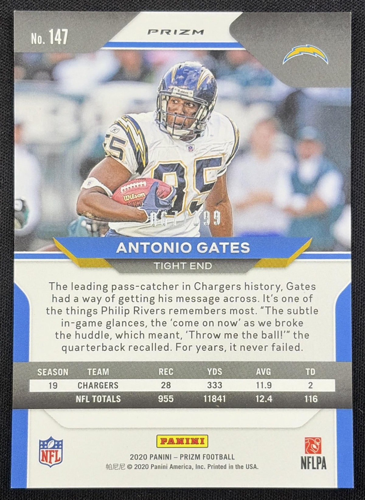 Antonio Gates 2020 Panini Prizm Blue Wave /199 Chargers