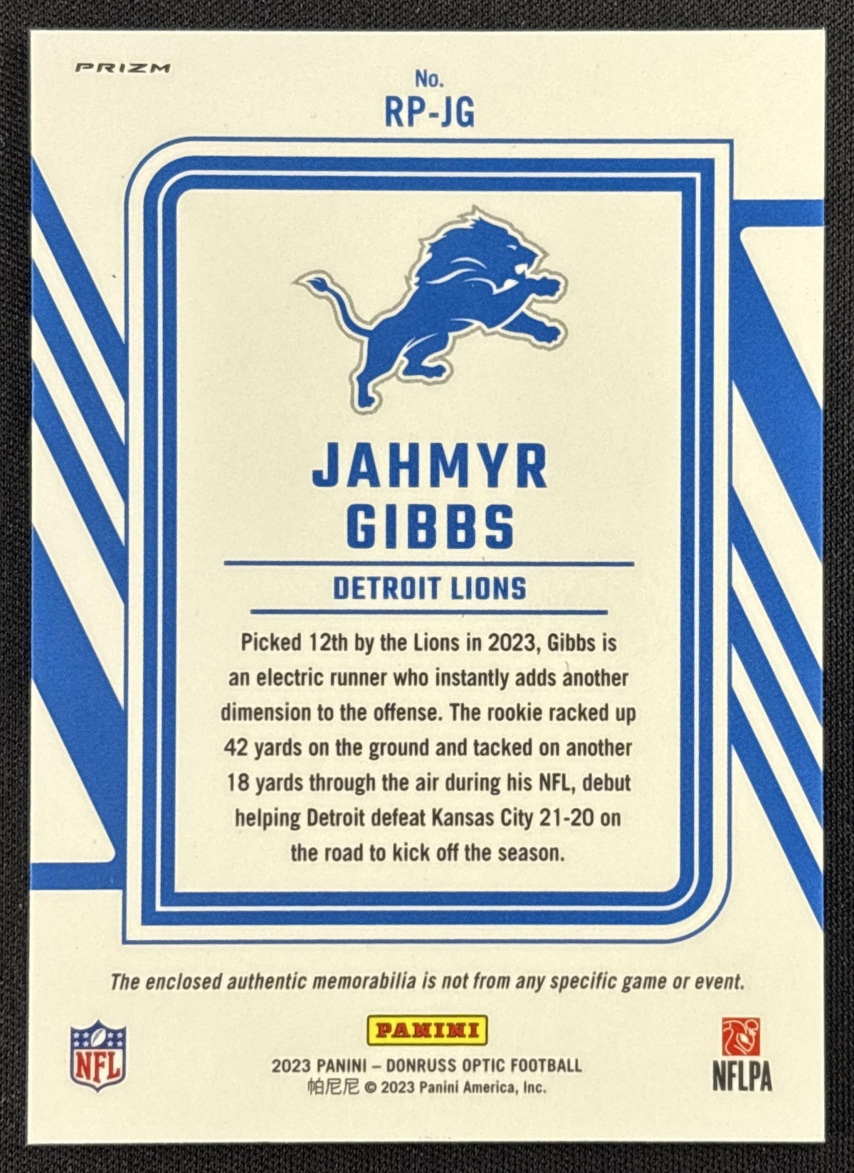 Jahmyr Gibbs 2023 Panini Donruss Optic Rookie Phenom Blue Hyper Lions