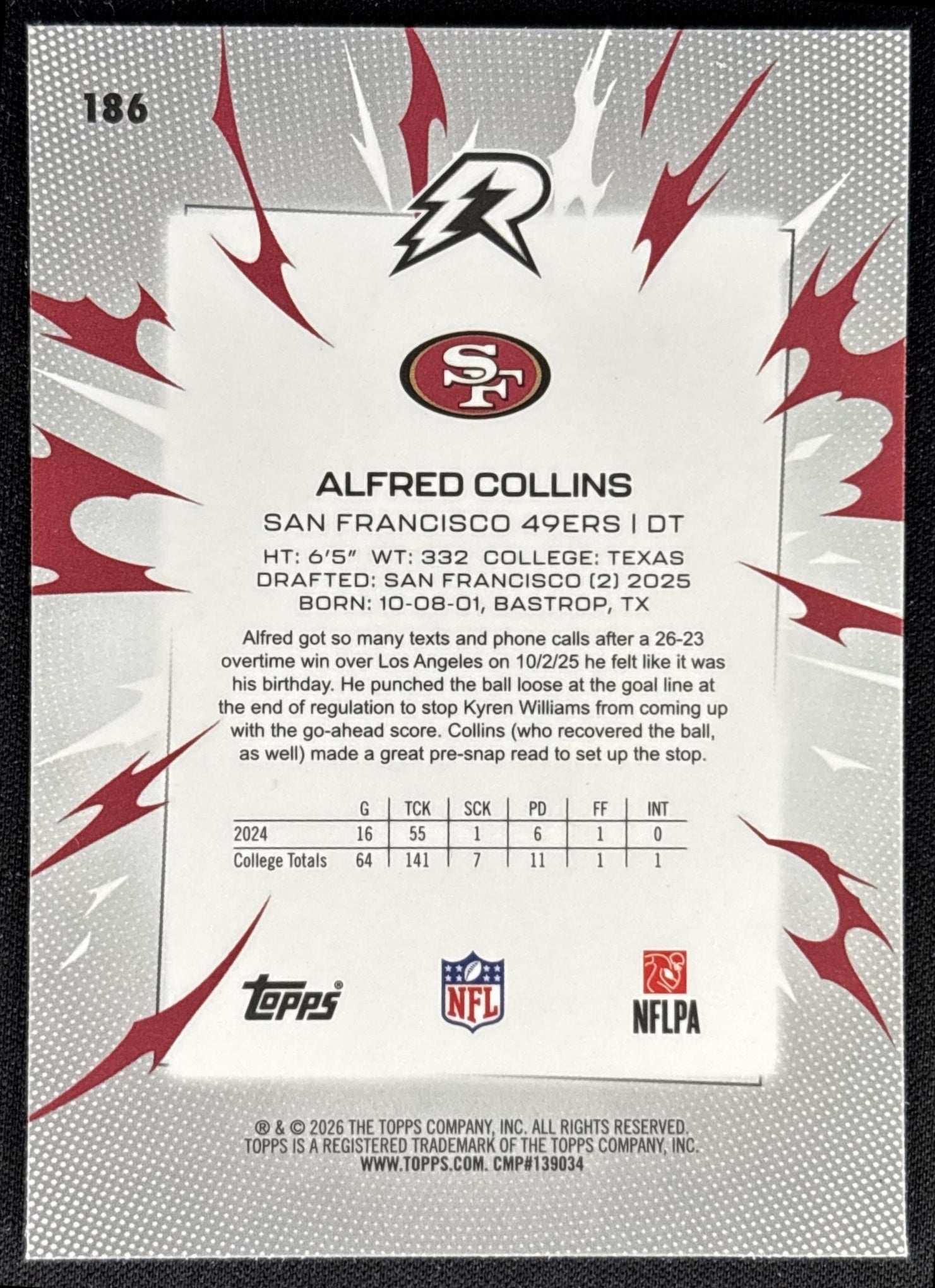 Alfred Collins 2025 Topps Resurgence Sky Blue and Pink Shock Refractor 49ers back