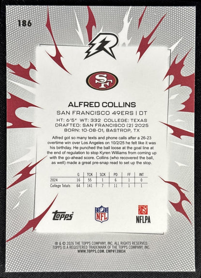 Alfred Collins 2025 Topps Resurgence Sky Blue and Pink Shock Refractor 49ers back