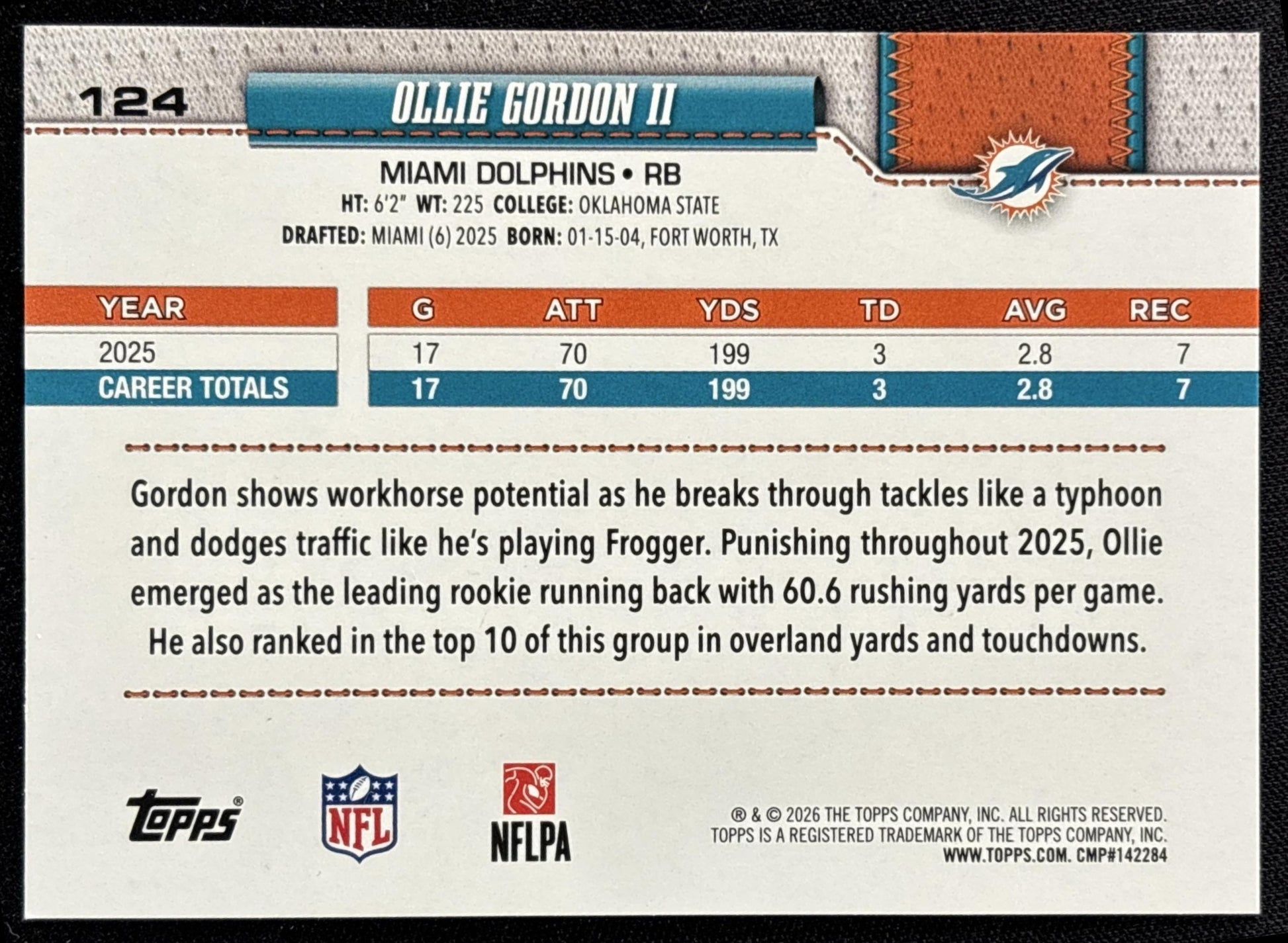 Ollie Gordon II 2026 Topps Football Leather Foil Dolphins