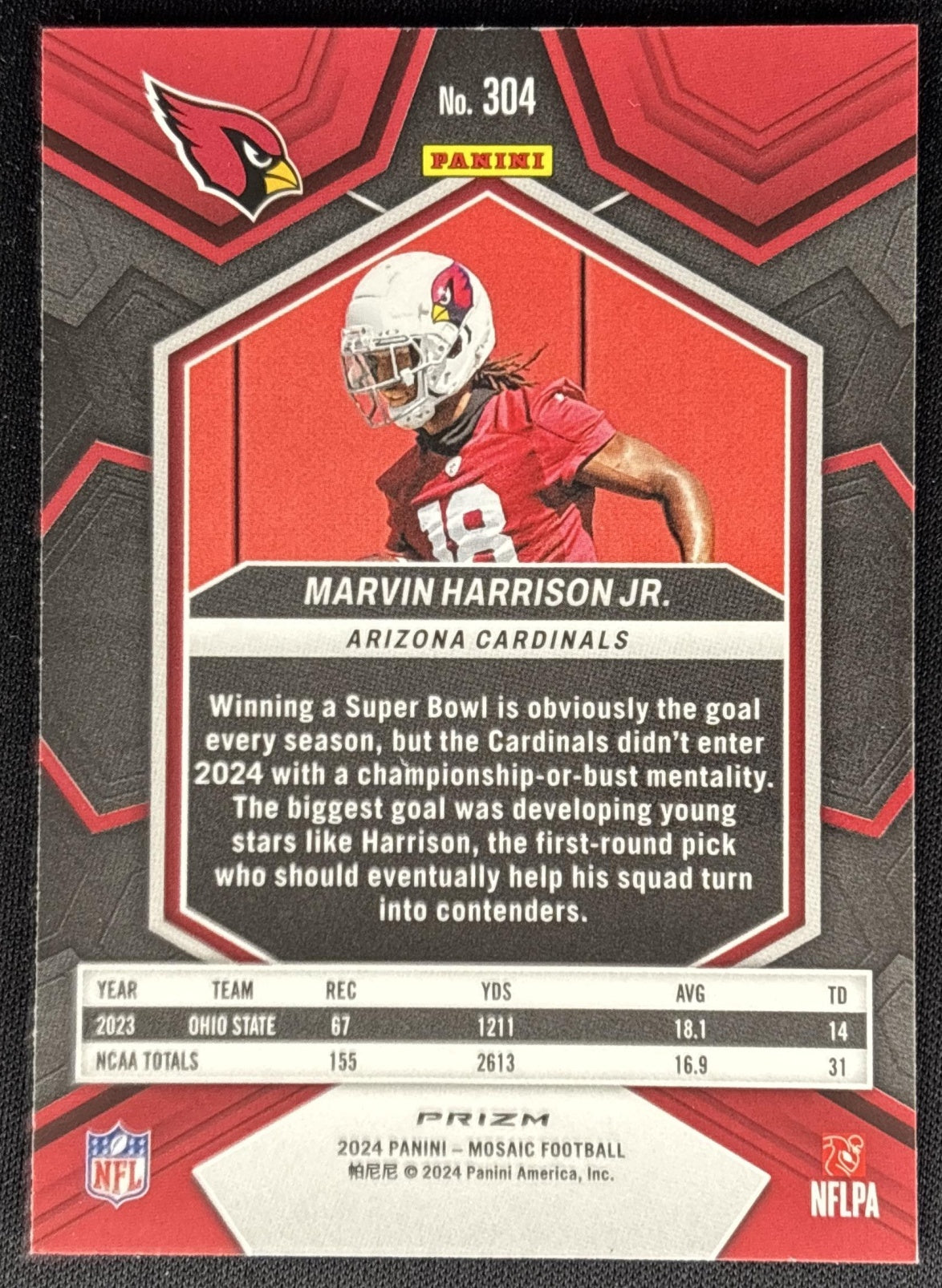 Marvin Harrison Jr. 2024 Panini Mosaic Green Prizm Cardinals back