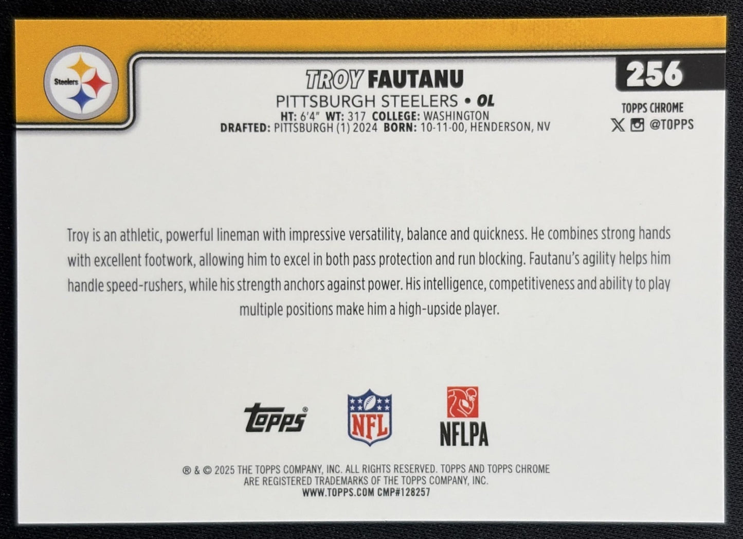Troy Fautanu 2025 Topps Chrome Yellow Wave Refractor /275 Steelers back