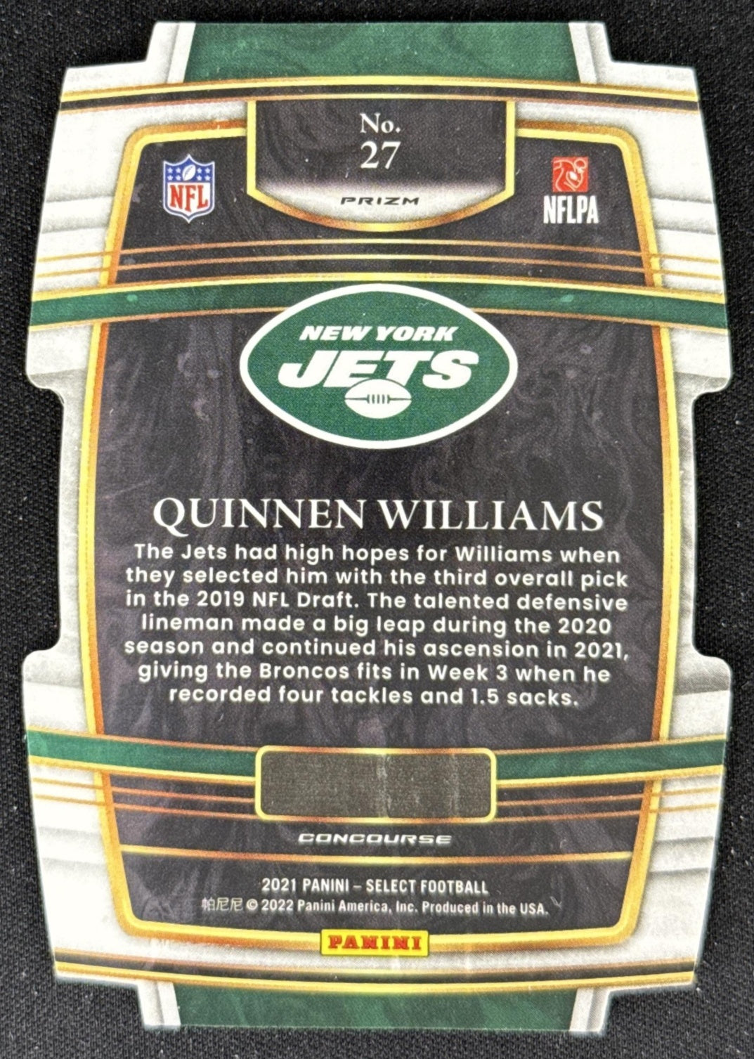Quinnen Williams 2021 Panini Select Black and Gold Prizm Die Cut Jets Sports Trading Card