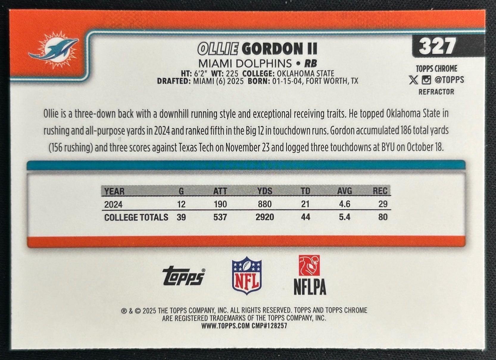 Ollie Gordon II 2025 Topps Chrome Rookie Refractor Dolphins Sports Trading Cards