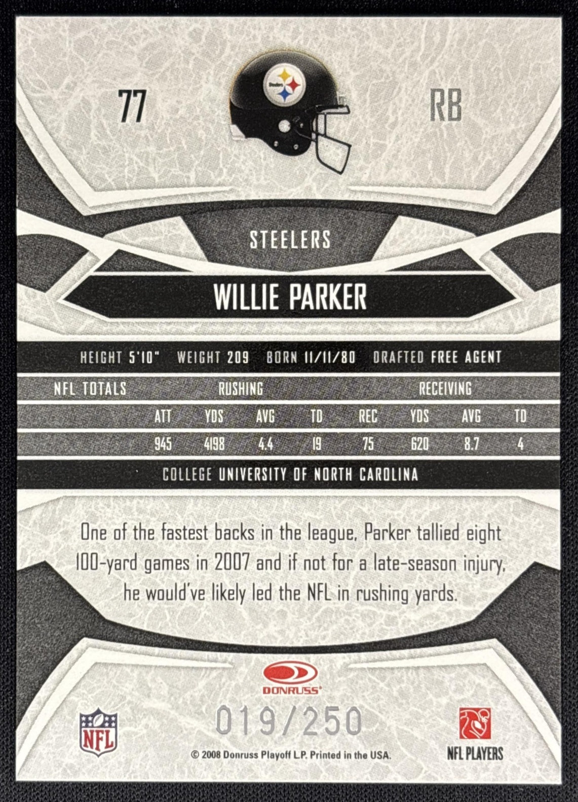 Willie Parker 2008 Donruss Gridiron Gear Jerseys /250 Steelers back