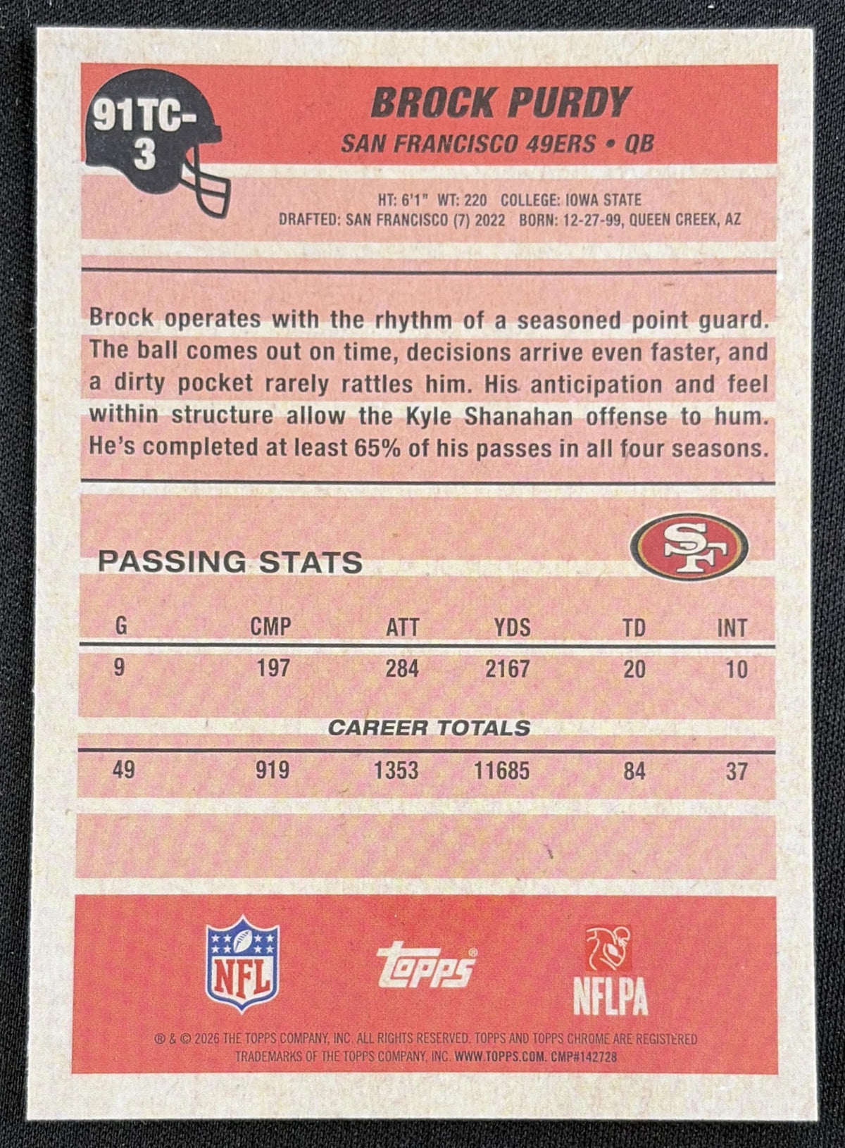 Brock Purdy 2026 Topps 1991 Chrome Mojo Refractor 49ers back