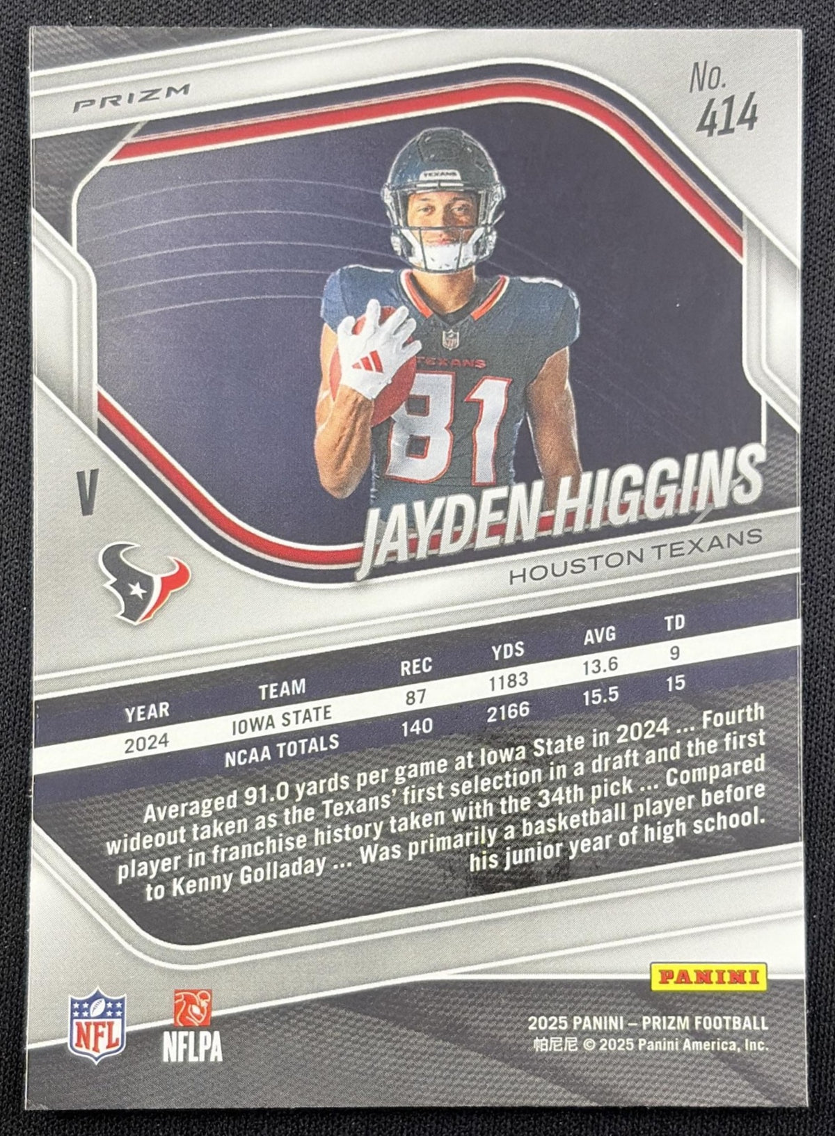 Jayden Higgins 2025 Panini Prizm Rookie Variations No Huddle Texans Houston Texans