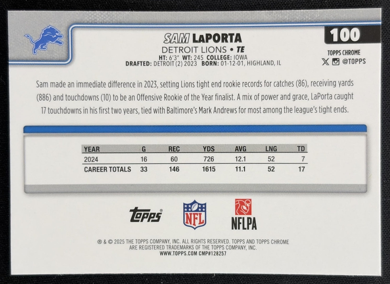 Sam LaPorta 2025 Topps Chrome RayWave Refractor Lions back