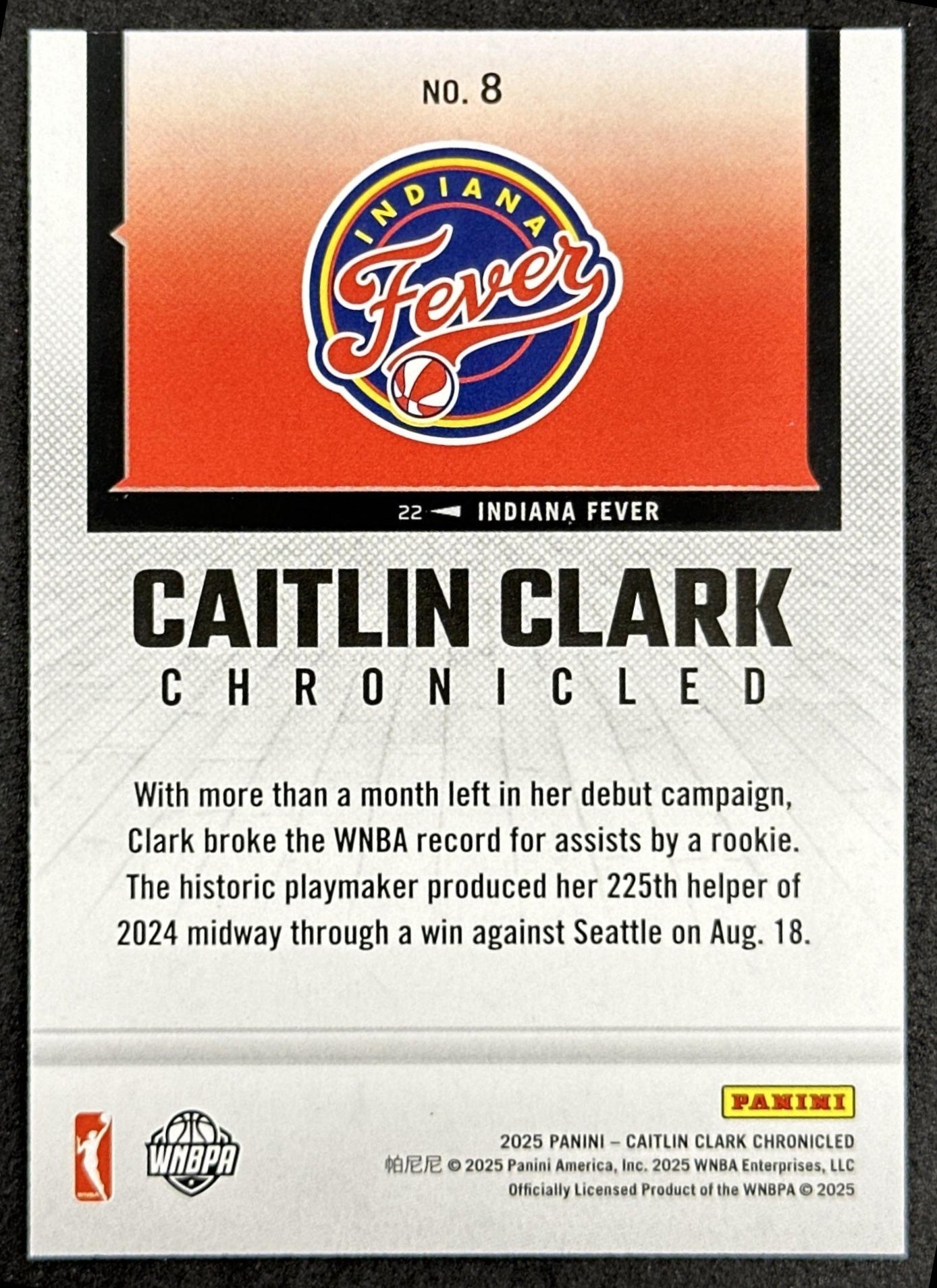 Caitlin Clark 2025 Panini Chronicled WNBA Holo Fever 8 Indiana Fever