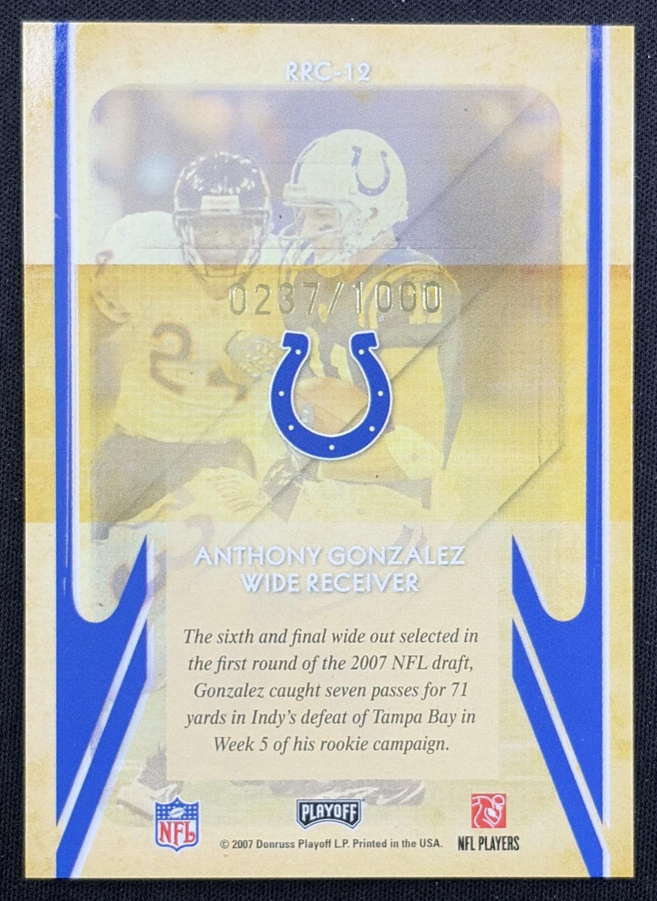 Anthony Gonzalez 2007 Playoff Contenders Rookie Roll Call /1000 Colts back