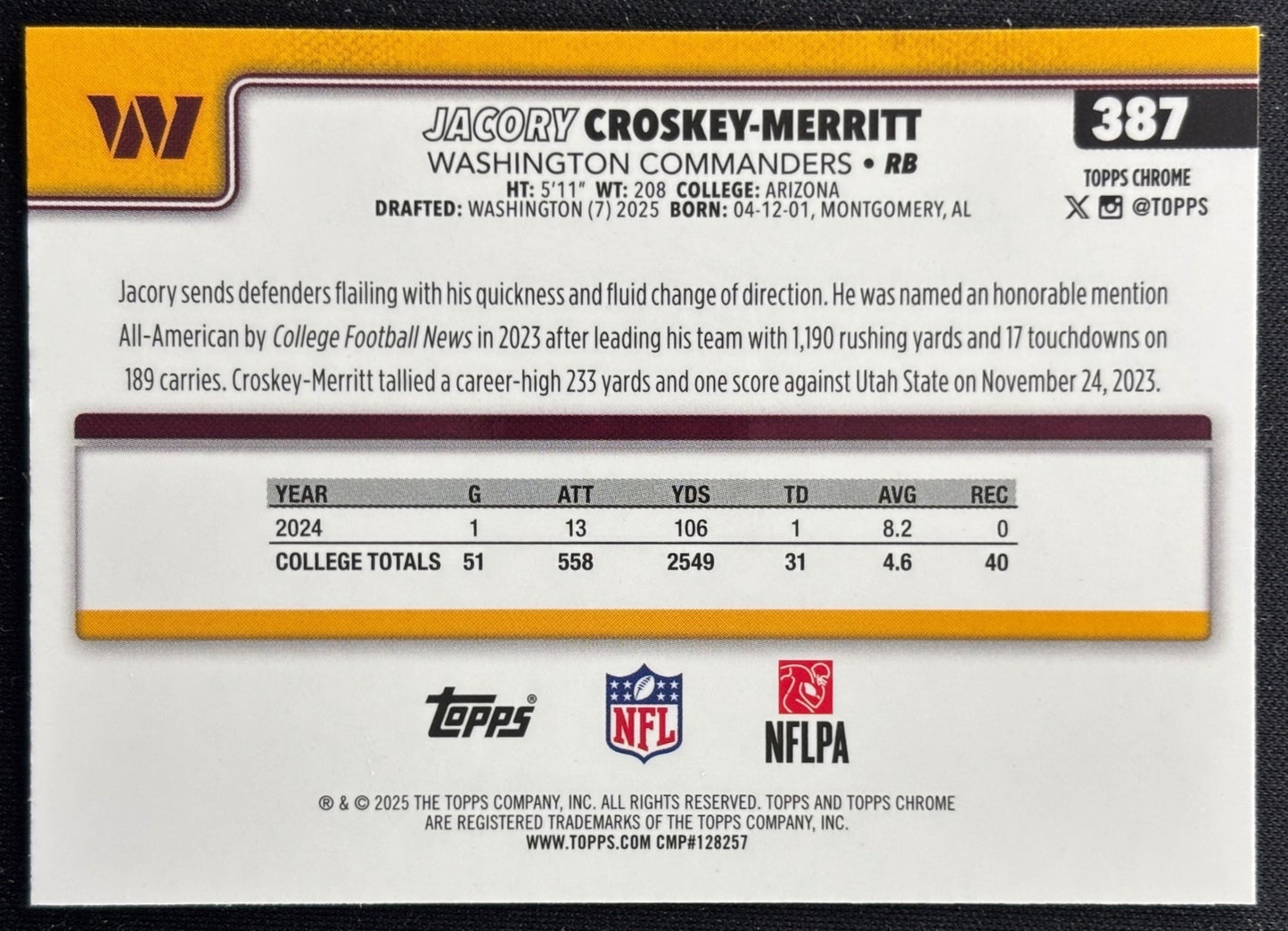 Jacory Croskey-Merritt 2025 Topps Chrome Rookie Commanders Sports Trading Cards