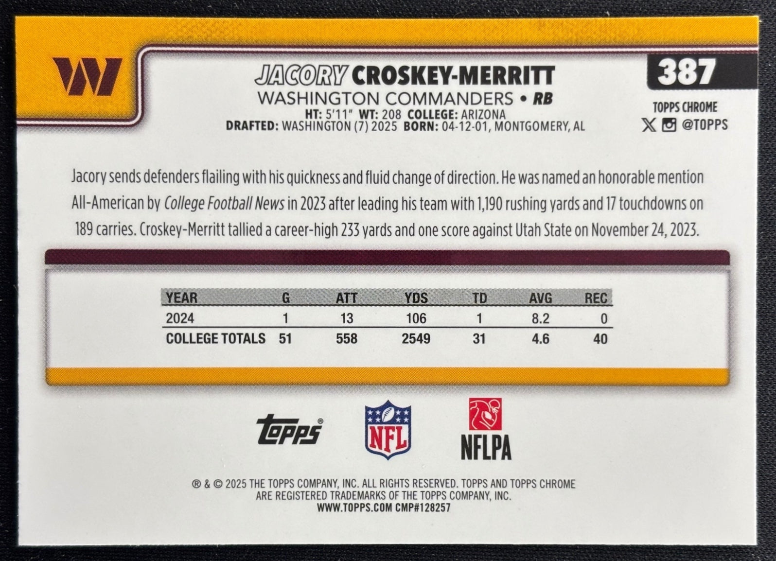 Jacory Croskey-Merritt 2025 Topps Chrome Rookie Commanders Sports Trading Cards