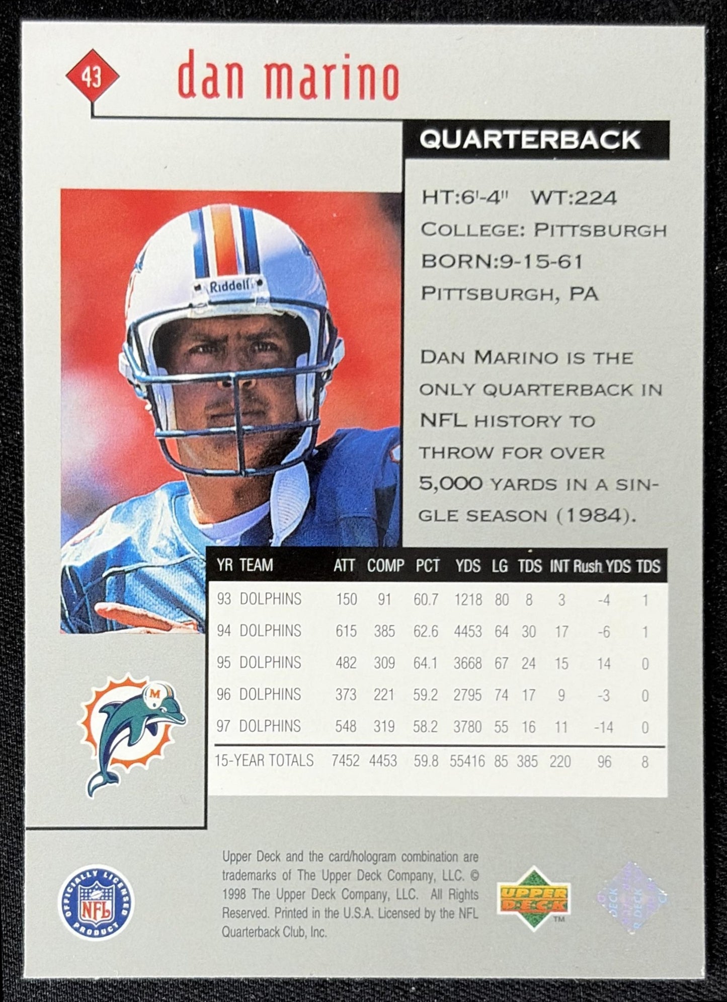 Dan Marino 1998 Upper Deck Black Diamond Rookie Edition Dolphins