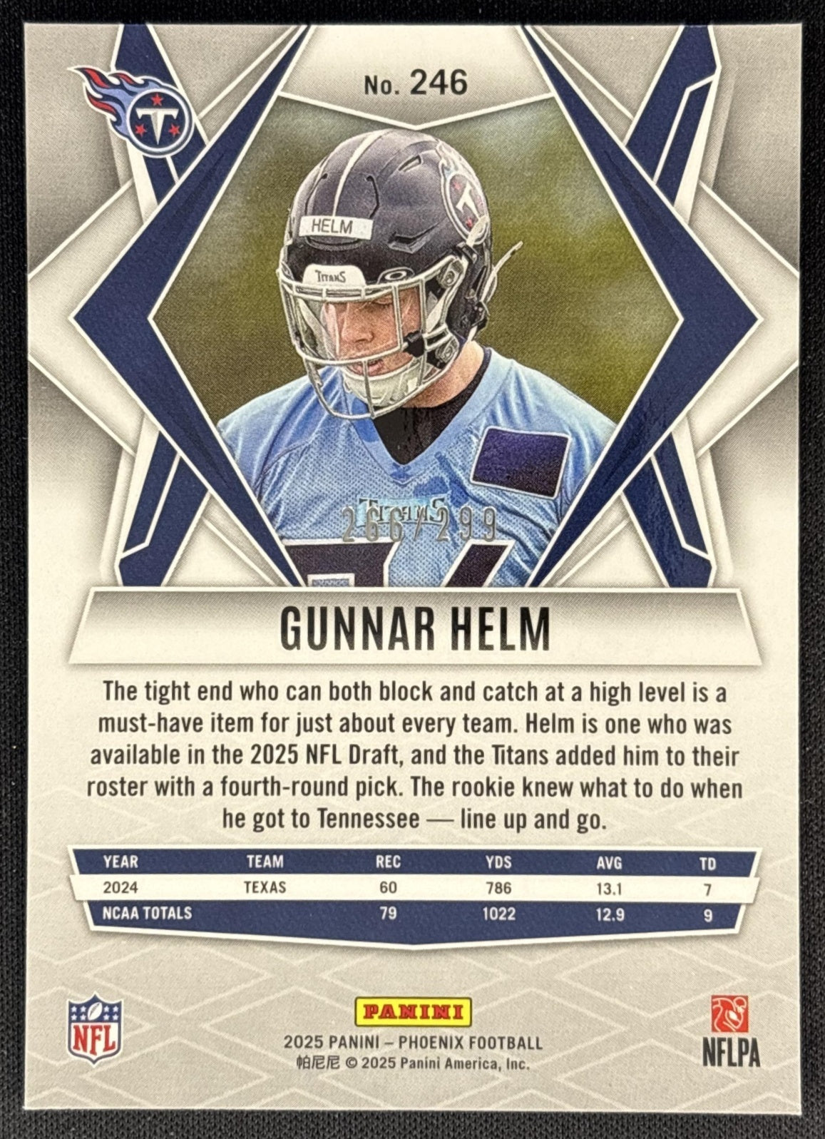Gunnar Helm 2025 Panini Phoenix Pink Hyper Prizm /299 Titans back