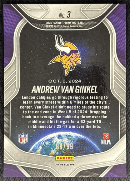 Andrew Van Ginkel 2025 Panini Prizm Global Reach Blue Ice /99 Vikings back