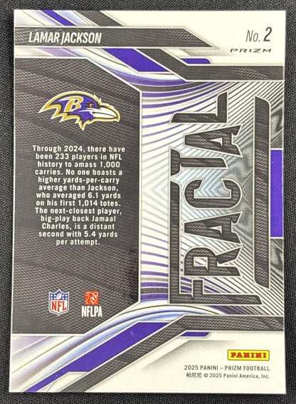 Lamar Jackson 2025 Panini Prizm Fractal No Huddle Ravens