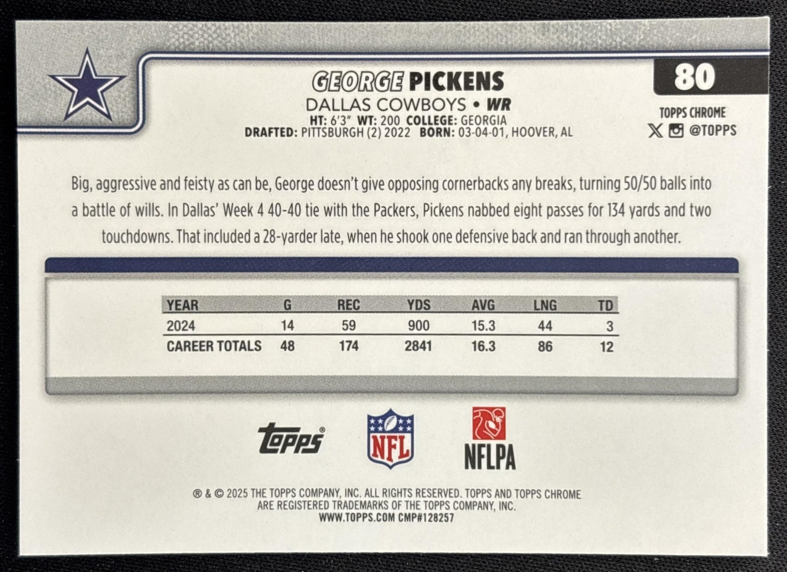 George Pickens 2025 Topps Chrome Hot Pink X-Fractor Cowboys Sports Trading Cards