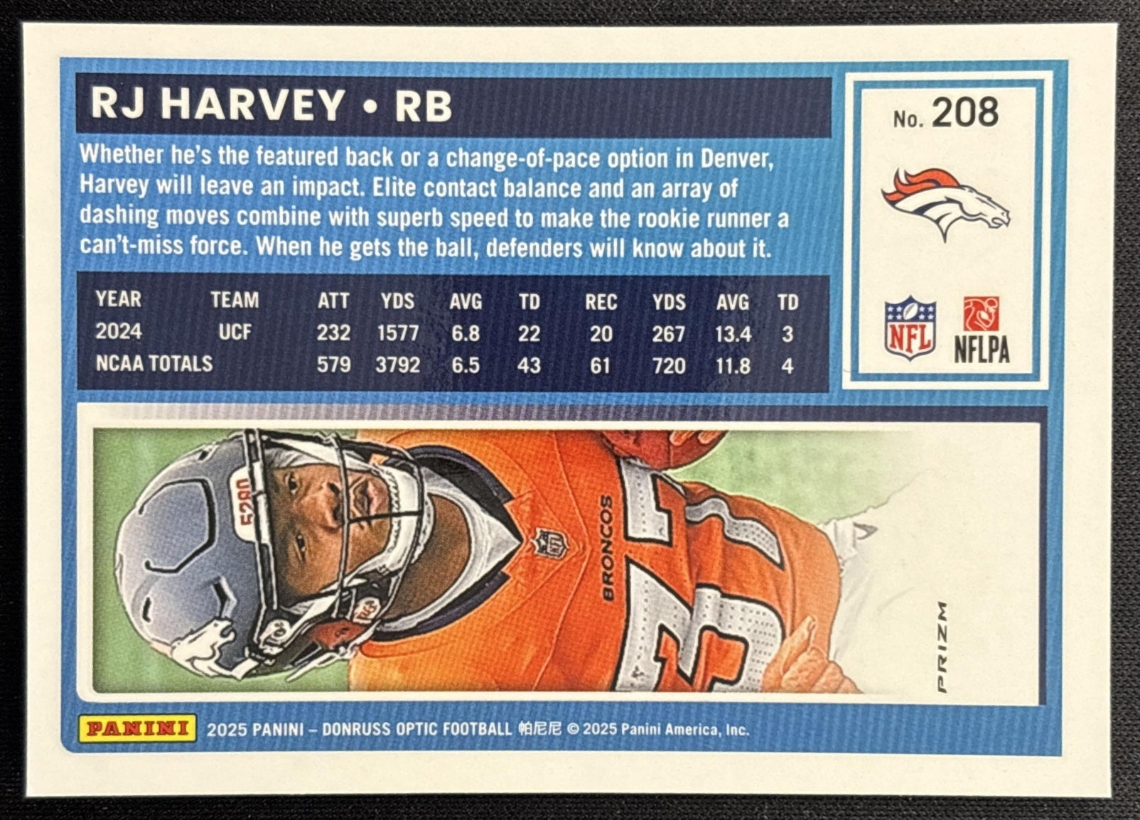 RJ Harvey 2025 Panini Donruss Optic Rated Rookie Green Velocity Prizm Broncos Sports Trading Cards