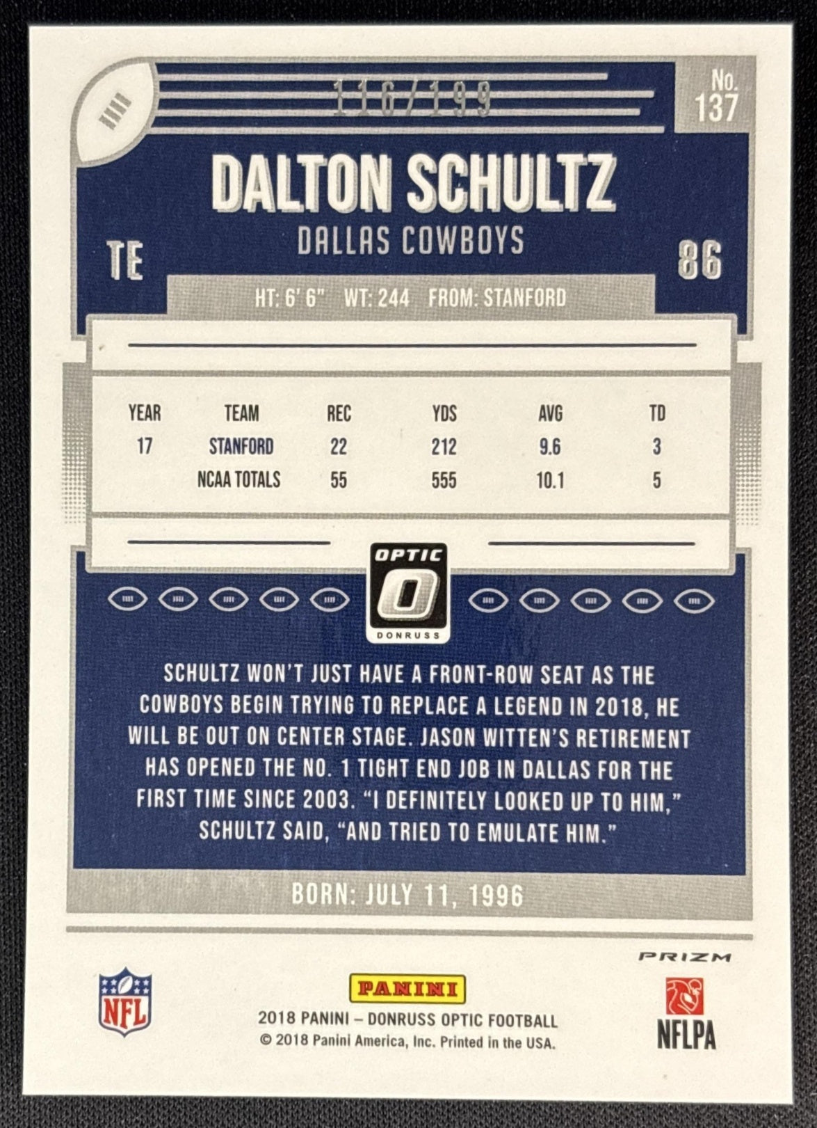 Dalton Schultz 2018 Panini Donruss Optic Orange Prizm /199 Cowboys