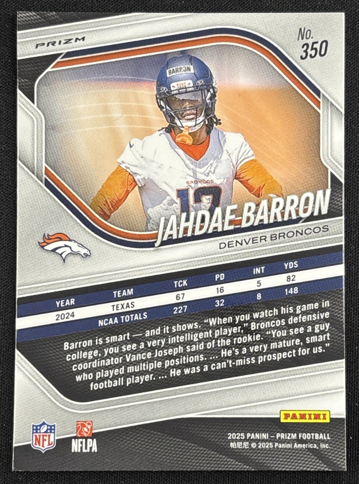 Jahdae Barron 2025 Panini Prizm Lazer Prizm Broncos - back