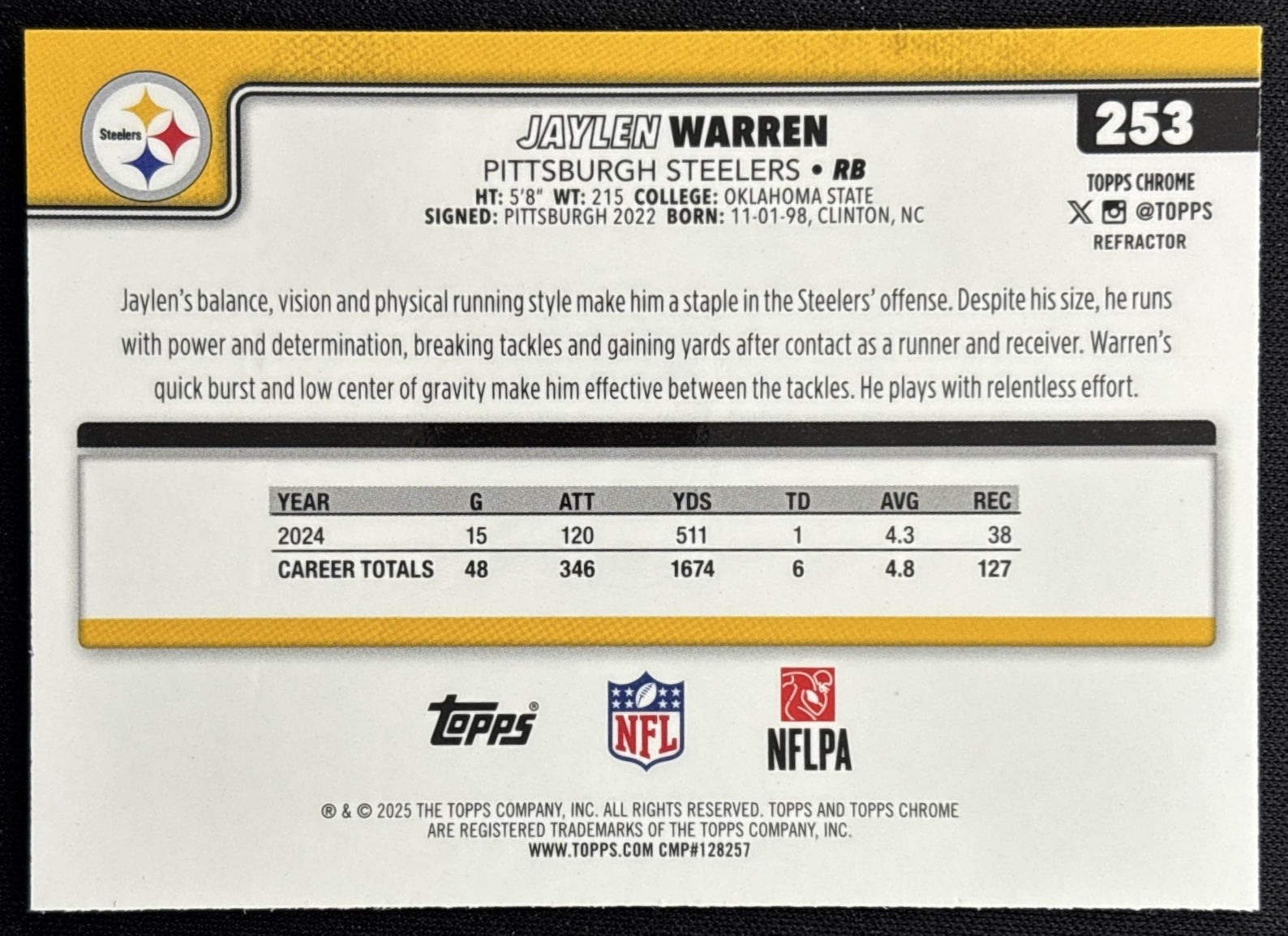Jaylen Warren 2025 Topps Chrome Refractor Steelers back