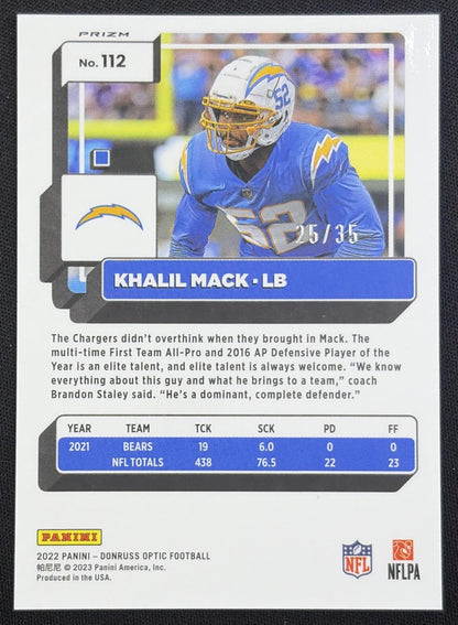 Khalil Mack 2022 Panini Donruss Optic Lime Green /35 Chargers back
