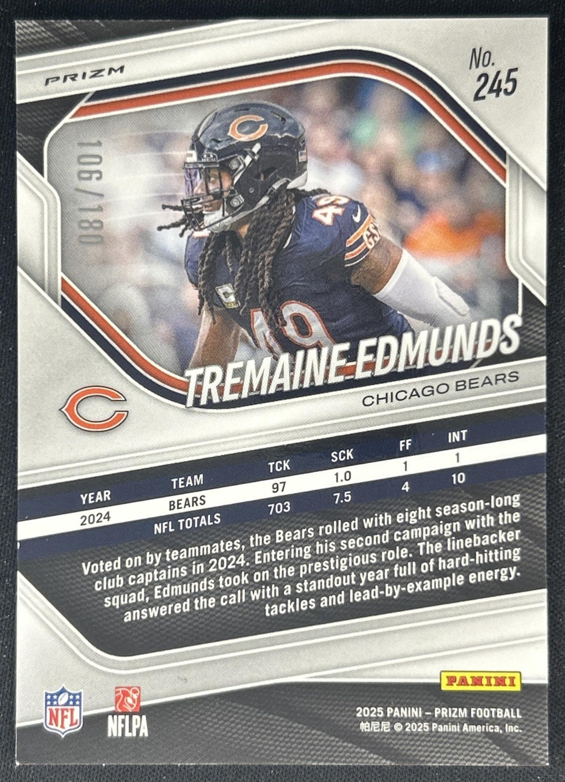 Tremaine Edmunds 2025 Panini Prizm Pigskin /180 Bears back