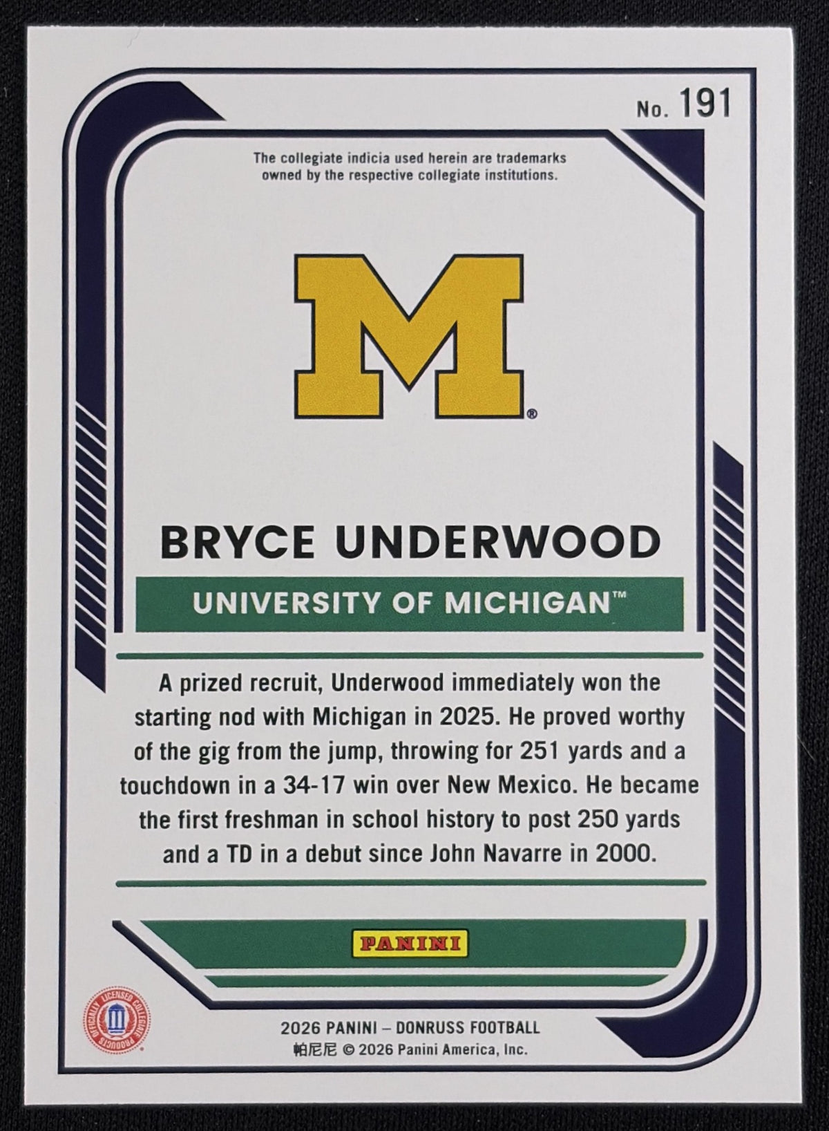 Bryce Underwood 2026 Panini Donruss Lighting Wolverines