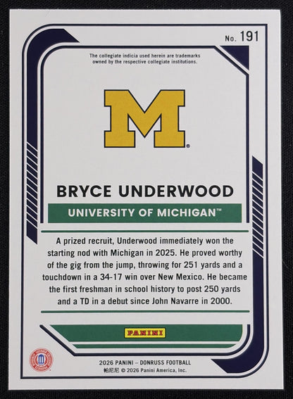 Bryce Underwood 2026 Panini Donruss Lighting Wolverines