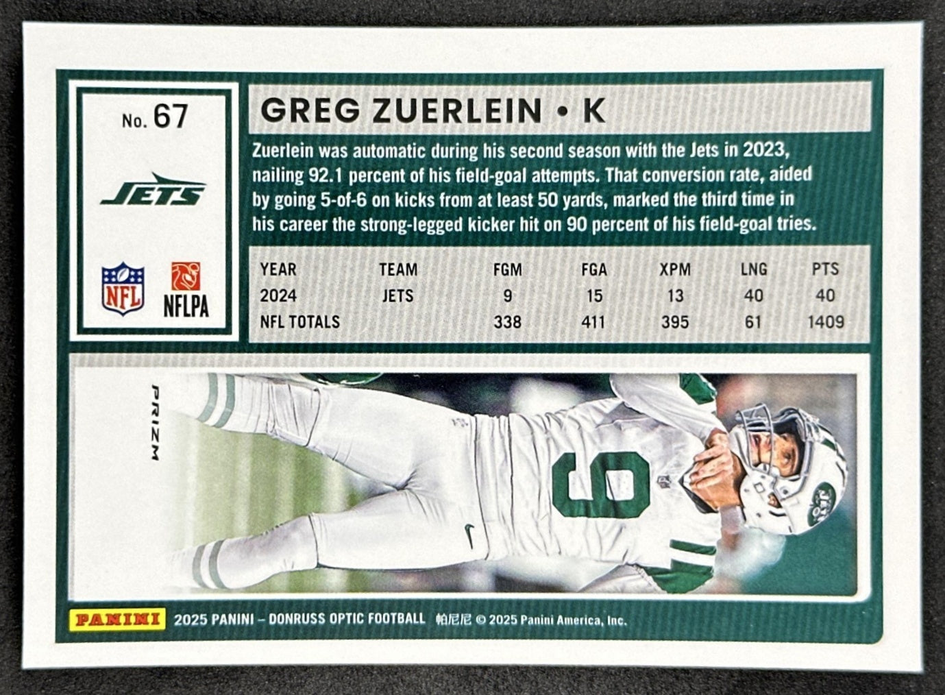 Greg Zuerlein 2025 Panini Donruss Optic Holo Prizm Jets Back