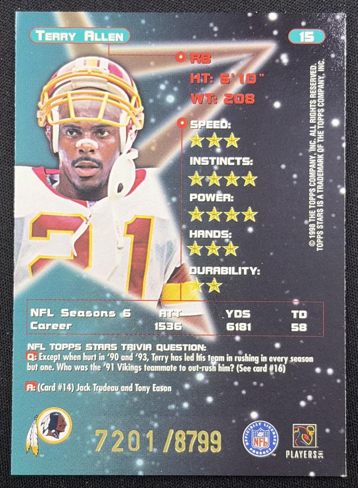 Terry Allen 1998 Topps Stars /8799 Redskins Washington Redskins